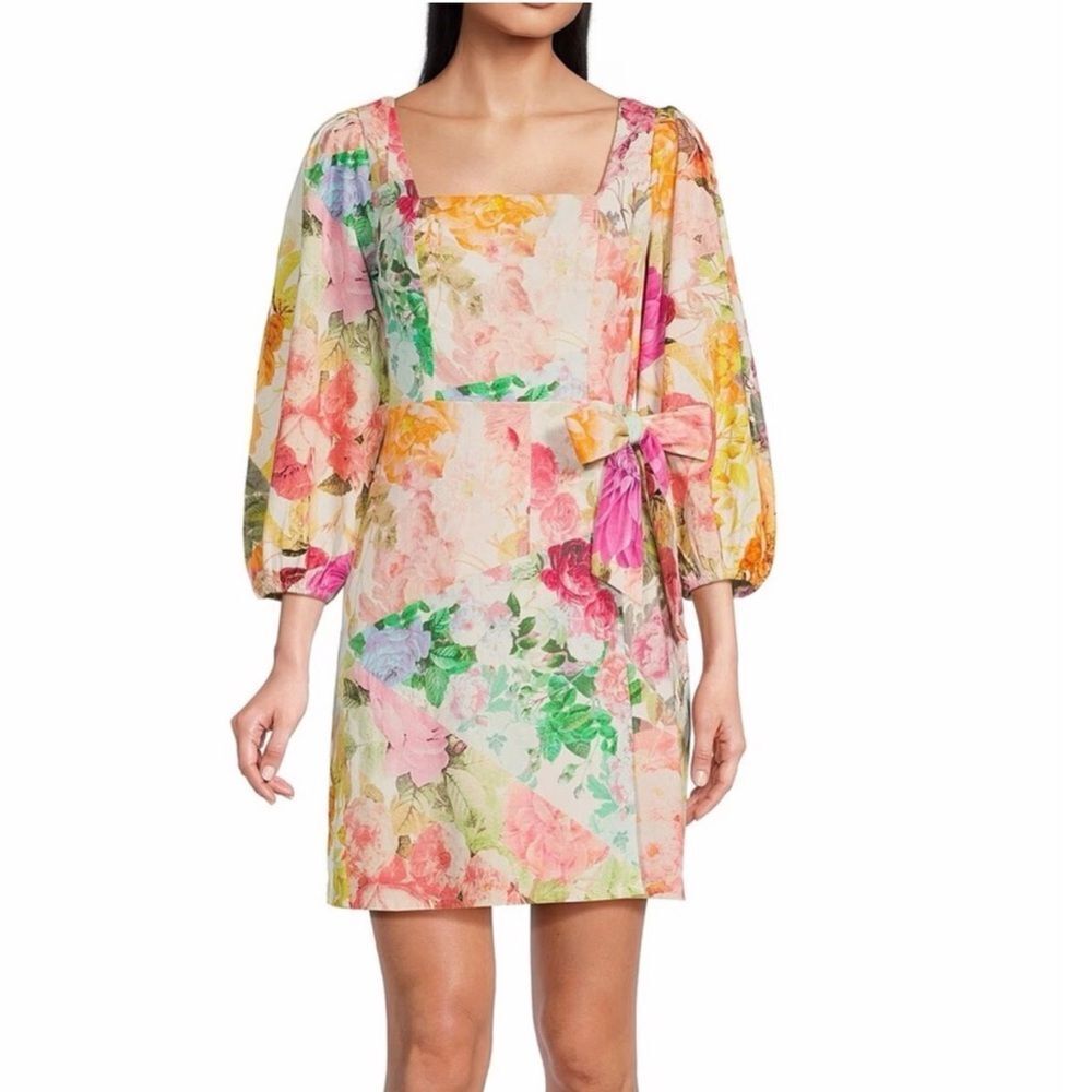 VINCE CAMUTO Pink Green Floral Print Mini Dress Tie Waist Cotton Linen 12 New